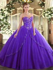 Purple Sweetheart Lace Up Appliques and Embroidery Quinceanera Dresses Brush Train Sleeveless