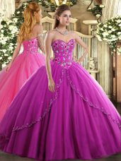 Fancy Fuchsia Sweetheart Lace Up Appliques and Embroidery Quinceanera Gowns Brush Train Sleeveless