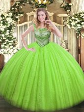 Fabulous Ball Gowns Scoop Sleeveless Tulle and Sequined Floor Length Lace Up Beading Quinceanera Dress