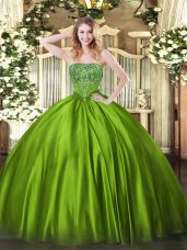 Sleeveless Floor Length Beading Lace Up Quinceanera Gowns with Olive Green
