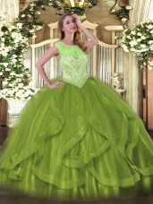 Olive Green Sleeveless Beading and Ruffles Floor Length Quinceanera Dress