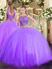 Two Pieces Ball Gown Prom Dress Lavender Scoop Tulle Sleeveless Floor Length Lace Up