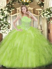 Great Yellow Green Sweet 16 Dress Military Ball and Sweet 16 and Quinceanera with Beading and Ruffles Scoop Sleeveless Zipper