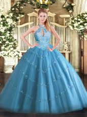 Beauteous Baby Blue Sleeveless Floor Length Beading Lace Up Quinceanera Gowns