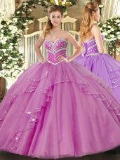 Latest Sleeveless Floor Length Beading and Ruffles Lace Up Quince Ball Gowns with Lilac