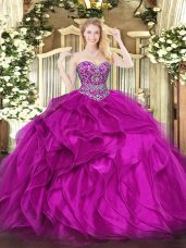 Low Price Fuchsia Sleeveless Floor Length Beading and Ruffles Lace Up 15 Quinceanera Dress