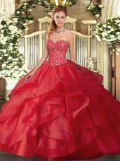 Red Ball Gowns Sweetheart Sleeveless Tulle Floor Length Lace Up Beading and Ruffles Sweet 16 Dresses