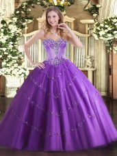 Purple Ball Gowns Tulle Sweetheart Sleeveless Beading and Appliques Floor Length Lace Up Quinceanera Dress
