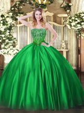 Charming Green Sleeveless Floor Length Beading Lace Up Quince Ball Gowns