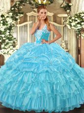 Discount Floor Length Aqua Blue Sweet 16 Dresses Organza Sleeveless Beading and Ruffled Layers and Pick Ups