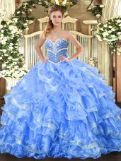 Baby Blue Sweetheart Lace Up Beading and Ruffled Layers Quinceanera Gowns Sleeveless