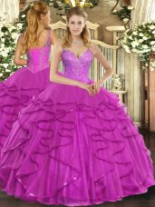 Tulle V-neck Sleeveless Lace Up Beading and Ruffles Vestidos de Quinceanera in Fuchsia