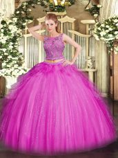 Hot Selling Fuchsia Tulle Lace Up Quince Ball Gowns Sleeveless Floor Length Beading and Ruffles