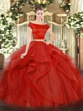 Red Short Sleeves Floor Length Appliques and Ruffles Zipper 15th Birthday Dress