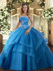 Noble Sleeveless Tulle Floor Length Lace Up Sweet 16 Dress in Baby Blue with Beading and Ruffled Layers
