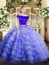 Blue Zipper Off The Shoulder Appliques and Ruffled Layers Quinceanera Dresses Tulle Short Sleeves
