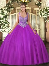 Trendy Fuchsia Ball Gowns Beading Sweet 16 Dresses Lace Up Tulle Sleeveless Floor Length