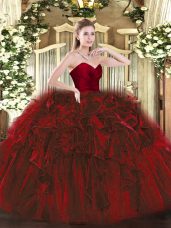 Fashion Sleeveless Organza Floor Length Zipper Sweet 16 Quinceanera Dress in Wine Red with Ruffles