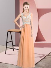 Extravagant Floor Length Peach Prom Dress V-neck Sleeveless Zipper
