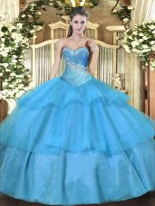 Best Floor Length Lace Up Sweet 16 Quinceanera Dress Aqua Blue for Military Ball and Sweet 16 and Quinceanera with Beading and Ruffled Layers