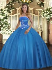 Custom Design Baby Blue Strapless Neckline Beading Quince Ball Gowns Sleeveless Lace Up