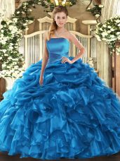 Sumptuous Sleeveless Organza Floor Length Lace Up Sweet 16 Dress in Blue with Ruffles and Pick Ups
