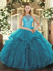Asymmetrical Teal Quinceanera Gown High-neck Sleeveless Lace Up