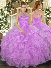Fancy Floor Length Lilac Quinceanera Gown Halter Top Sleeveless Lace Up