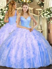 Sweet V-neck Sleeveless Lace Up Quince Ball Gowns Light Blue Tulle