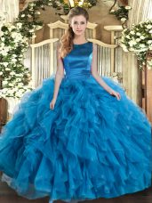 Clearance Teal Ball Gowns Tulle Scoop Sleeveless Ruffles Floor Length Lace Up Sweet 16 Dress