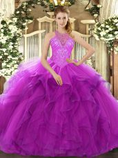 High-neck Sleeveless Lace Up Quinceanera Dresses Fuchsia Organza