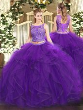 Floor Length Purple Quinceanera Dress Tulle Sleeveless Beading and Ruffles