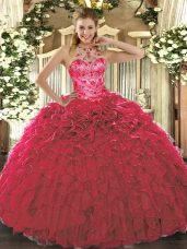 Best Red Ball Gowns Halter Top Sleeveless Organza Floor Length Lace Up Beading and Ruffles 15 Quinceanera Dress