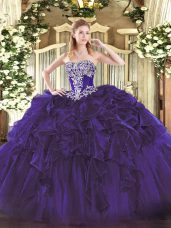 Strapless Sleeveless Lace Up Quinceanera Gowns Purple Organza