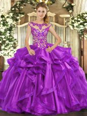 Clearance Eggplant Purple Ball Gowns Scoop Cap Sleeves Organza Floor Length Lace Up Appliques and Ruffles Quinceanera Gowns