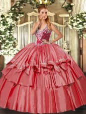 Straps Sleeveless Organza and Taffeta Quinceanera Dresses Beading and Ruffled Layers Lace Up