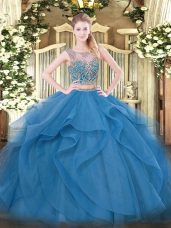 On Sale Blue Lace Up Scoop Beading and Ruffles Sweet 16 Dress Tulle Sleeveless