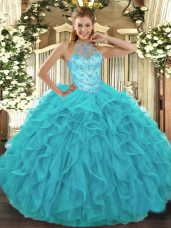 Hot Selling Floor Length Aqua Blue Quinceanera Gowns Organza Sleeveless Beading and Embroidery and Ruffles