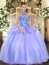 Lavender 15th Birthday Dress Military Ball and Sweet 16 and Quinceanera with Embroidery Halter Top Sleeveless Lace Up
