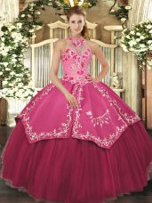 Lovely Satin and Tulle Halter Top Sleeveless Lace Up Beading and Embroidery Quinceanera Dresses in Coral Red