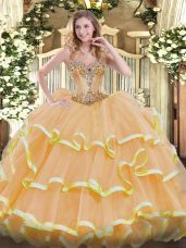 Affordable Organza Sweetheart Sleeveless Lace Up Beading and Ruffles Quinceanera Dress in Gold