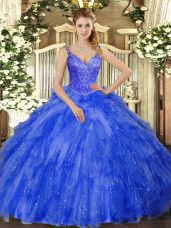 Royal Blue Sleeveless Floor Length Beading and Ruffles Lace Up Quinceanera Gowns