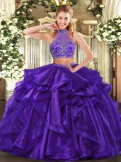 Halter Top Sleeveless 15 Quinceanera Dress Floor Length Beading and Ruffled Layers Purple Organza
