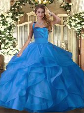 Blue Tulle Lace Up Halter Top Sleeveless Floor Length Quinceanera Gowns Ruffles