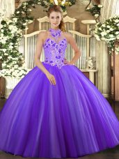 Cheap Purple Halter Top Lace Up Embroidery Sweet 16 Dresses Sleeveless