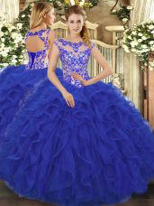 Royal Blue Ball Gowns Organza Scoop Sleeveless Beading and Ruffles Floor Length Lace Up Quinceanera Dresses