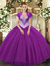 Extravagant Floor Length Eggplant Purple Ball Gown Prom Dress Tulle Sleeveless Beading and Sequins
