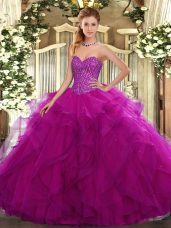 High Quality Sweetheart Sleeveless Tulle Quince Ball Gowns Beading and Ruffles Lace Up