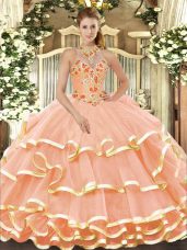 Fitting Peach Ball Gowns Halter Top Sleeveless Organza Floor Length Lace Up Beading and Embroidery Ball Gown Prom Dress