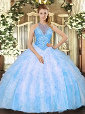 Inexpensive Baby Blue Lace Up High-neck Beading and Ruffles Sweet 16 Dress Organza Sleeveless